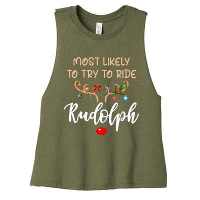 Most Likely To Try To Ride Rudolph Matching Couple Christmas Women's Racerback Cropped Tank