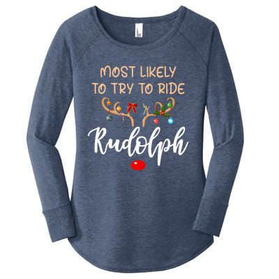 Most Likely To Try To Ride Rudolph Matching Couple Christmas Women's Perfect Tri Tunic Long Sleeve Shirt