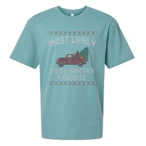 Most Likely To Be Santas Favorite Funny Christmas Family Matching Ugly Christmas Sueded Cloud Jersey T-Shirt