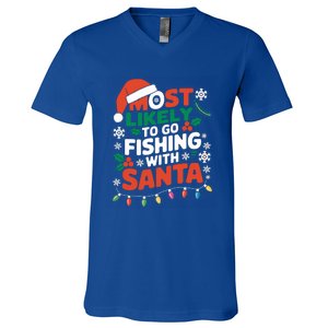 Most Likely To Go Fishing With Santa Fishing Funny Christmas Gift V-Neck T-Shirt