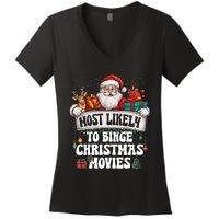 Most Likely To Binge Christmas Movies Family Matching Xmas Women's V-Neck T-Shirt