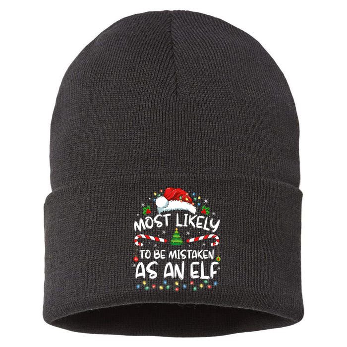 Most Likely To Be Mistaken As An Elf Funny Family Christmas Sustainable Knit Beanie