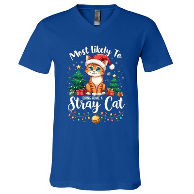 Most Likely To Bring Home A Stray Cat Christmas Santa Hat Cool Gift V-Neck T-Shirt