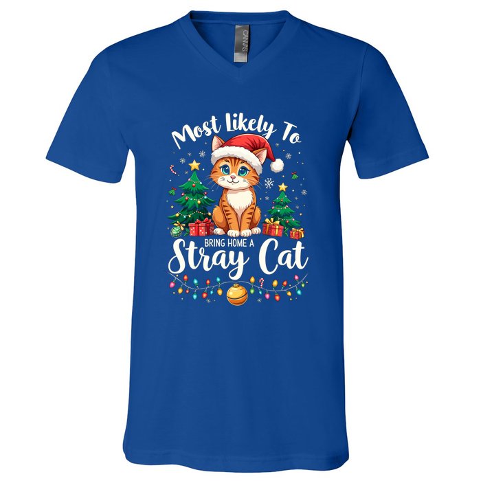 Most Likely To Bring Home A Stray Cat Christmas Santa Hat Cool Gift V-Neck T-Shirt