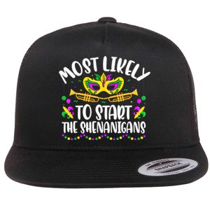 Most Likely To Start All The Shenanigans Family Mardi Gras Flat Bill Trucker Hat