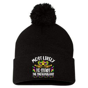 Most Likely To Start All The Shenanigans Family Mardi Gras Pom Pom 12in Knit Beanie