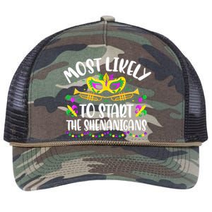 Most Likely To Start All The Shenanigans Family Mardi Gras Retro Rope Trucker Hat Cap