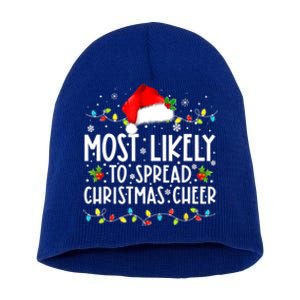 Most Likely To Spread Christmas Cheer Santa Hat Xmas Lights Gift Short Acrylic Beanie