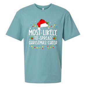 Most Likely To Spread Christmas Cheer Santa Hat Xmas Lights Gift Sueded Cloud Jersey T-Shirt