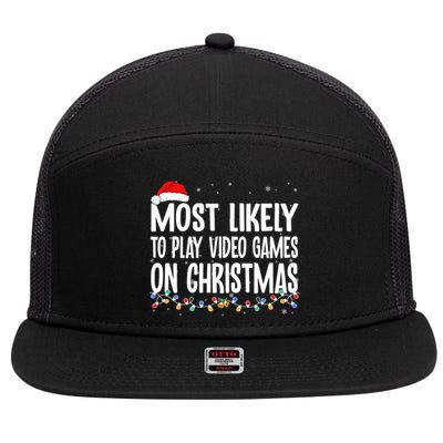 Most Likely To Play Video Games On Christmas Xmas Lights  7 Panel Mesh Trucker Snapback Hat