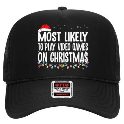 Most Likely To Play Video Games On Christmas Xmas Lights  High Crown Mesh Back Trucker Hat