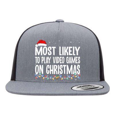 Most Likely To Play Video Games On Christmas Xmas Lights  Flat Bill Trucker Hat