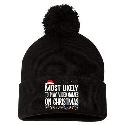 Most Likely To Play Video Games On Christmas Xmas Lights  Pom Pom 12in Knit Beanie