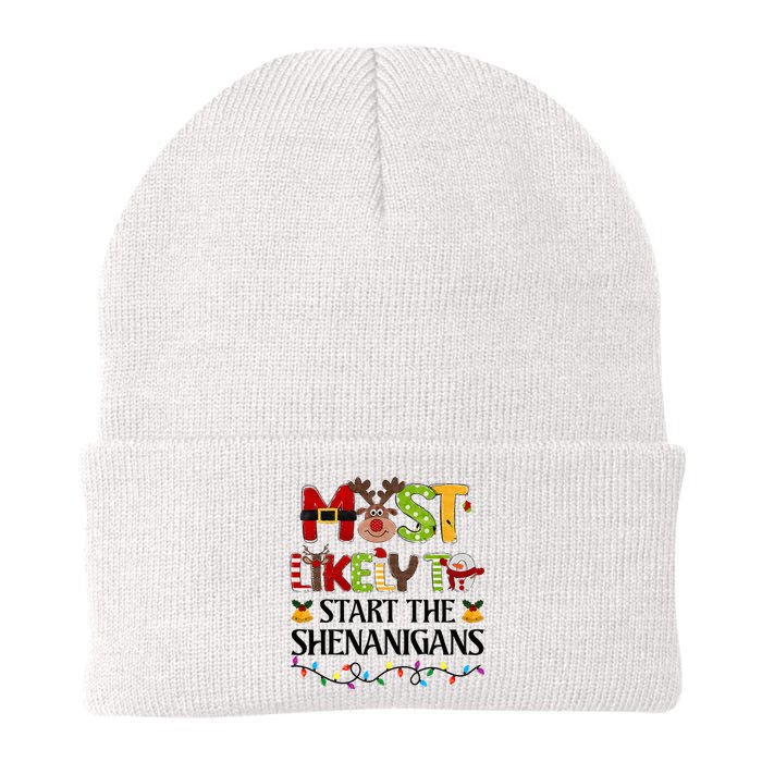 Most Likely To Start The Shenanigans Christmas Family Xmas Knit Cap Winter Beanie