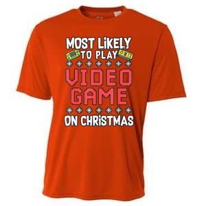 Most Likely To Play Video Games On Christmas Xmas Lights Cooling Performance Crew T-Shirt