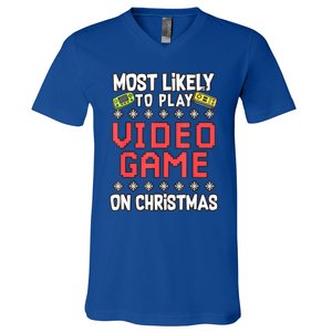 Most Likely To Play Video Games On Christmas Xmas Lights V-Neck T-Shirt