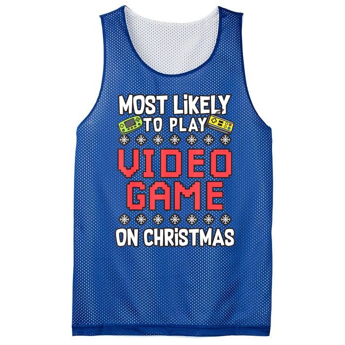 Most Likely To Play Video Games On Christmas Xmas Lights Mesh Reversible Basketball Jersey Tank