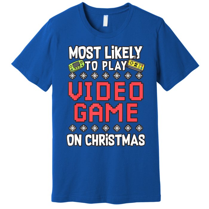 Most Likely To Play Video Games On Christmas Xmas Lights Premium T-Shirt