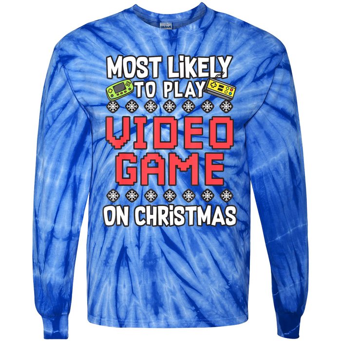 Most Likely To Play Video Games On Christmas Xmas Lights Tie-Dye Long Sleeve Shirt