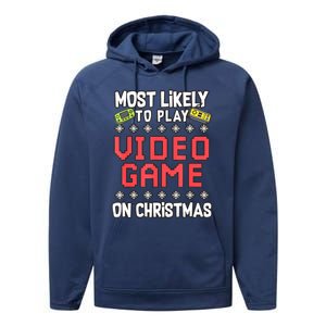 Most Likely To Play Video Games On Christmas Xmas Lights Performance Fleece Hoodie