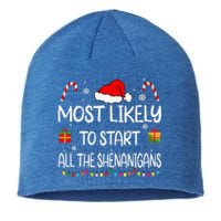 Most Likely To Start All The Shenanigans family Christmas Sustainable Beanie