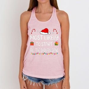 Most Likely To Start All The Shenanigans family Christmas Women's Knotted Racerback Tank