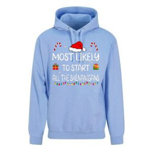 Most Likely To Start All The Shenanigans family Christmas Unisex Surf Hoodie