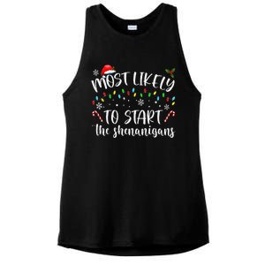 Most Likely To Start The Shenanigans Christmas Family Ladies PosiCharge Tri-Blend Wicking Tank