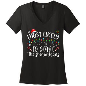 Most Likely To Start The Shenanigans Christmas Family Women's V-Neck T-Shirt