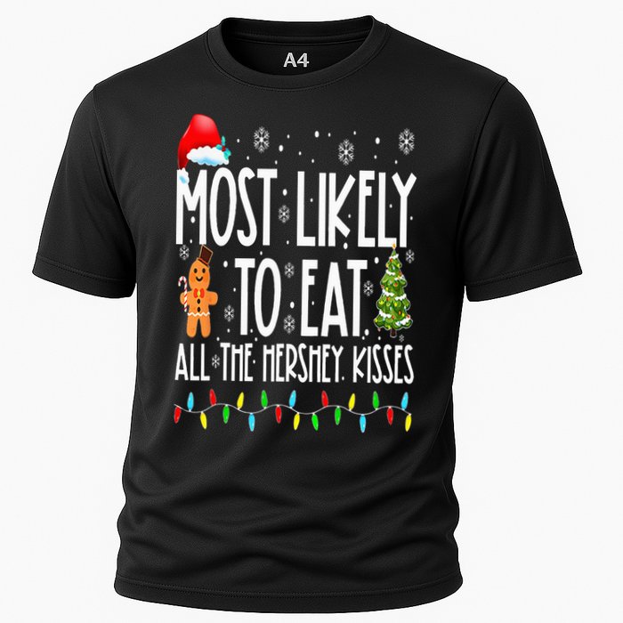 Most Likely To Eat All The Hershey Kisses Funny Xmas Lights Cooling Performance Crew T-Shirt
