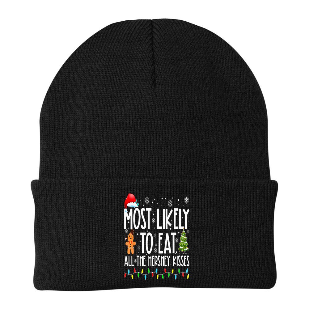 Most Likely To Eat All The Hershey Kisses Funny Xmas Lights Beanie