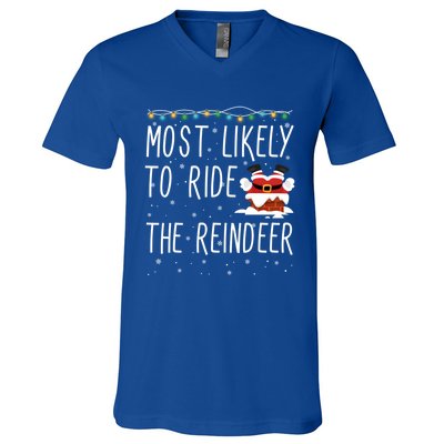 Most Likely To Ride The Reindeer Cute Funny Christmas 2024 Cute Gift V-Neck T-Shirt