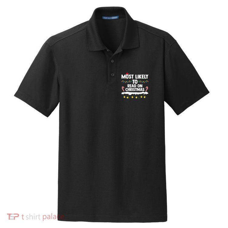 Most Likely To Read On Christmas Family Group Matching Xmas Dry Zone Grid Polo