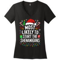 Most Likely To Start The Shenanigans Family Christmas Women's V-Neck T-Shirt