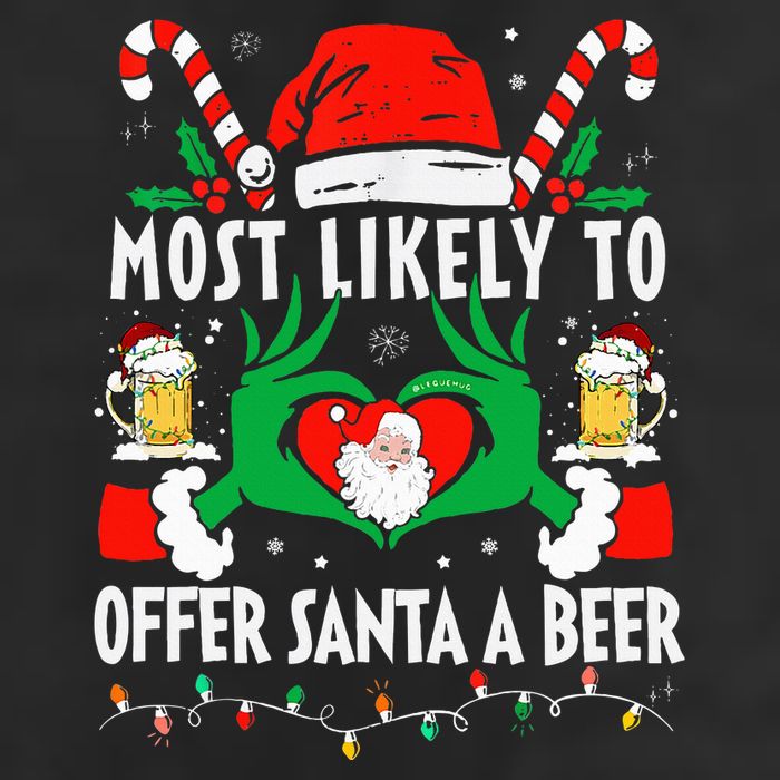 Most Likely To Offer Santa A Beer Funny Drinking Christmas  7 Panel Mesh Trucker Snapback Hat