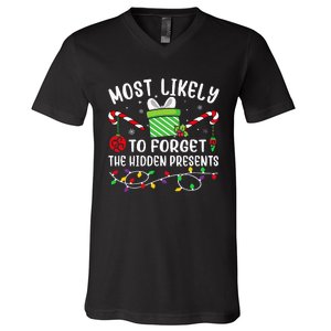 Most Likely To Forget The Hidden Presents Funny Christmas V-Neck T-Shirt