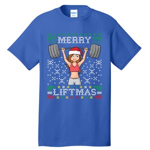 Merry Liftmas Ugly Christmas Sweater Miss Santa Gym Workout Gift Tall T-Shirt