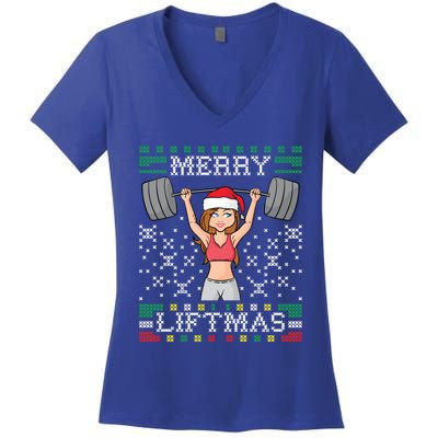 Merry Liftmas Ugly Christmas Sweater Miss Santa Gym Workout Cool Gift Women's V-Neck T-Shirt