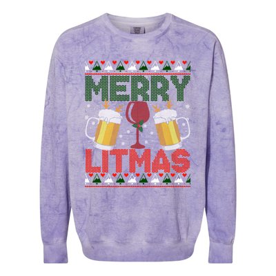 Merry Litmas Ugly Wine Beer Christmas Ugly Xmas Sweater Gift Colorblast Crewneck Sweatshirt