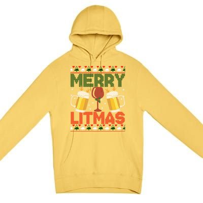 Merry Litmas Ugly Wine Beer Christmas Ugly Xmas Sweater Gift Premium Pullover Hoodie