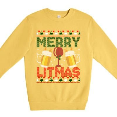 Merry Litmas Ugly Wine Beer Christmas Ugly Xmas Sweater Gift Premium Crewneck Sweatshirt