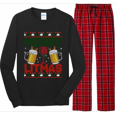 Merry Litmas Ugly Wine Beer Christmas Ugly Xmas Sweater Gift Long Sleeve Pajama Set