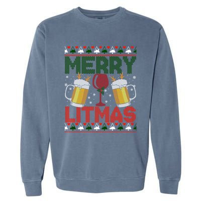 Merry Litmas Ugly Wine Beer Christmas Ugly Xmas Sweater Gift Garment-Dyed Sweatshirt