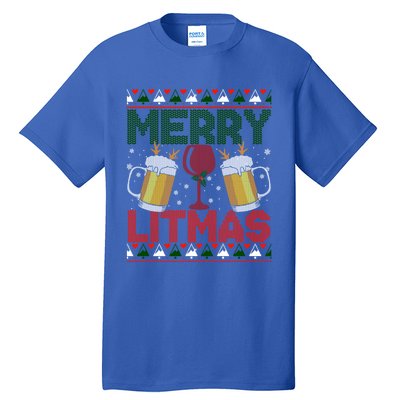 Merry Litmas Ugly Wine Beer Christmas Ugly Xmas Sweater Gift Tall T-Shirt