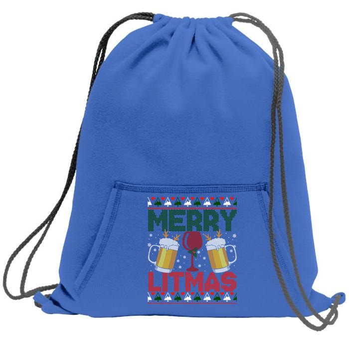 Merry Litmas Ugly Wine Beer Christmas Ugly Xmas Sweater Gift Sweatshirt Cinch Pack Bag