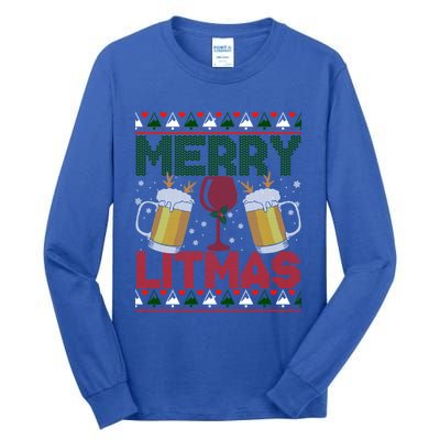 Merry Litmas Ugly Wine Beer Christmas Ugly Xmas Sweater Gift Tall Long Sleeve T-Shirt