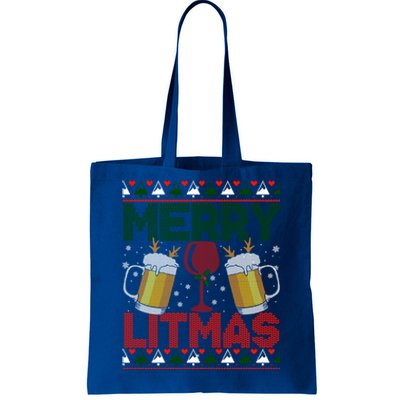 Merry Litmas Ugly Wine Beer Christmas Ugly Xmas Sweater Gift Tote Bag