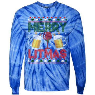 Merry Litmas Ugly Wine Beer Christmas Ugly Xmas Sweater Gift Tie-Dye Long Sleeve Shirt