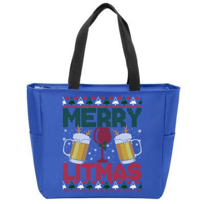 Merry Litmas Ugly Wine Beer Christmas Ugly Xmas Sweater Gift Zip Tote Bag