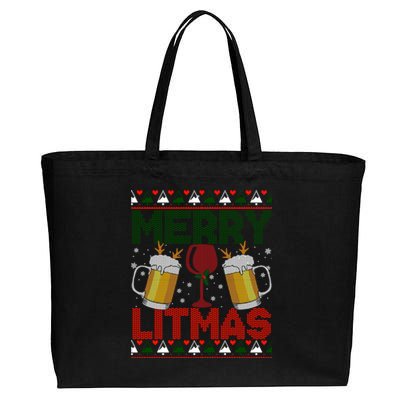 Merry Litmas Ugly Wine Beer Christmas Ugly Xmas Sweater Gift Cotton Canvas Jumbo Tote